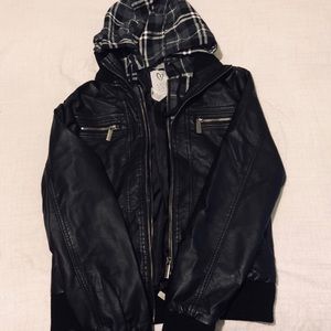 NWOT Faux Leather Plaid Hooded Bomber Jacket